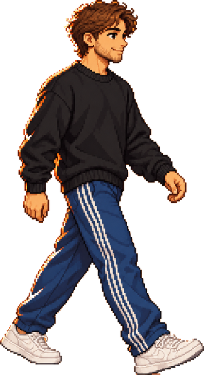 Illustration von Noah im schwarzen Pullover, blauer Trainerhose und weissen Sneakers